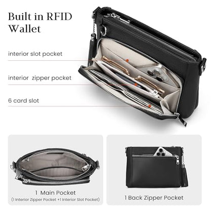 befen Anti Theft Genuine Leather Crossbody Bags for Women Handbags and Shoulder Basg with Built in Wallet RFID Leather Purse - color: Deep Black