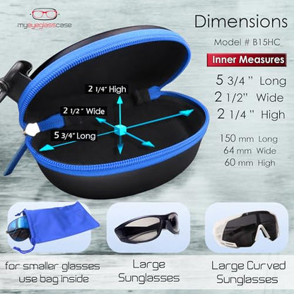MyEyeglassCase Sports Sunglasses Case and Slim wallet Semi hard large glasses case w/belt clip soft pouch & cloth - color: B15hc Black/Blue