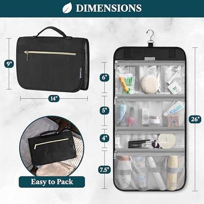 PAVILIA Hanging Toiletry Bag for Women Men, Large Foldable Toiletries Organizer with Hook, Water-Resistant Makeup Cosmetic Rollup Case, Clear Pockets for Bathroom, Gym, Cruise (Black) - color: Black