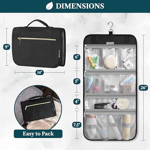 PAVILIA Hanging Toiletry Bag for Women Men, Large Foldable Toiletries Organizer with Hook, Water-Resistant Makeup Cosmetic Rollup Case, Clear Pockets for Bathroom, Gym, Cruise (Black) - color: Black