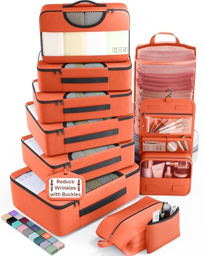 Veken 10 Set Packing Cubes for Travel Essentials,Anti-Wrinkle Buckled Suitcase Organizer for Shoe & Toiletry Bag,Carry On Luggage Bag for Airplane & College Dorm Room Accessories,Women Men Gifts - color: 12 Orange