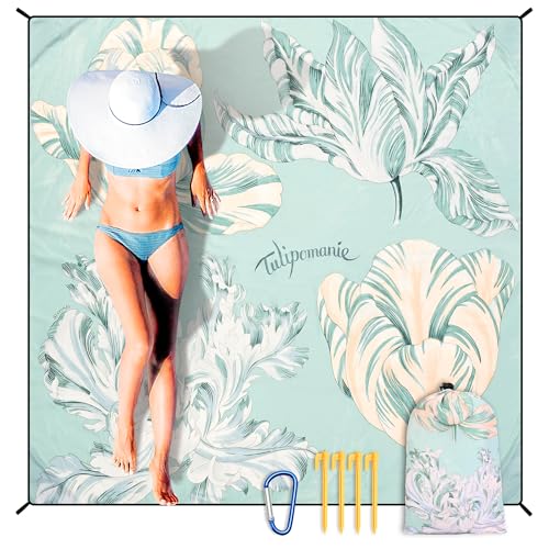 HIHOHO Beach Blanket Waterproof Sandproof Extra Large Beach Mat 79" X 83"/120"x108"for 1-8 Adults Quick Drying Durable Outdoor Picnic Mat for Beach Travel Camping Hiking - color: Elegant Plain Green Floral, size: 79" X 83"（1~3 person）