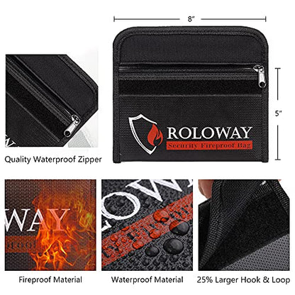 ROLOWAY Small Fireproof Bag (5 x 8 inches), Non-itchy Fireproof Money Bag for Cash, Valuables, Passport, Currency & Keys (2-Pack Black) - size: 8 x 5 inch, style: Black Bag
