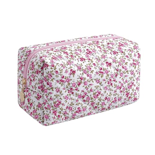 Gleyemor Small Quilted Makeup Bag for Women, Cute Floral Bow Cosmetic Bag, Emergency Bag Travel Toiletry Cotton Pouch Gifts for Girls Her Mom Friend Sister Bridesmaid (Red Small Flower) - color: Red Small Flower