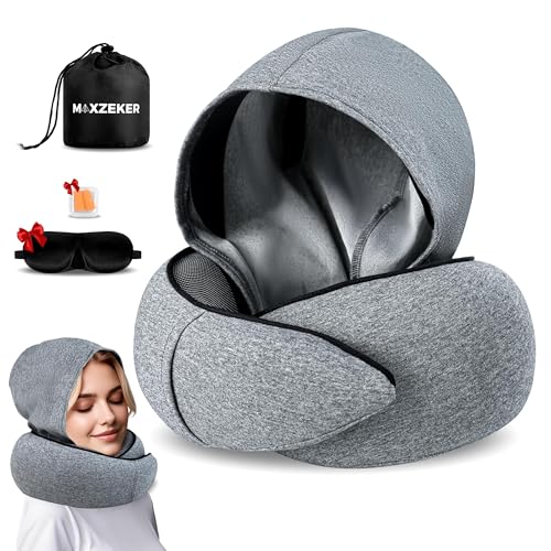 Travel Neck Pillows for Airplanes – Sleep Comfortably on Long Flights, Roadtrips, Home or Office. All-in-One Travel Sleep Kit with Hood, Eyemask and Earplugs