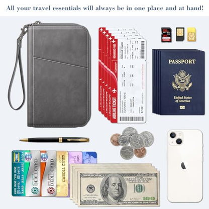 Fintie Family Passport Holder Wallet, RFID Blocking Travel Document Organizer Clutch Bag Credit Cards Case Cover for Women Men - color: Gray