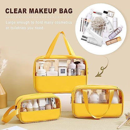 Clear Makeup Bag, 3 Pcs of Cosmetic Bags Set, Transparent PVC Travel Makeup Pouch, Waterproof Cute Toiletry Bag for Women (Yellow) - color: Z-Yellow-3pcs, style: 3pcs