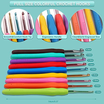 Aeelike Crochet Kit for Beginners Adults, Full Crochet Starter Set with Yarn, Include 9pcs Ergonomic Crochet Hooks 2.0-6.0 mm, 12pcs Lace Crochet Hooks 0.6-1.9 mm, Portable Crochet Hook Set with Case - color: blue leaves