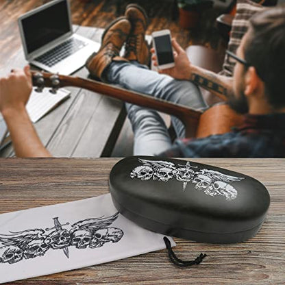 MyEyeglassCase Hard Sunglasses case - Women Glasses Case Holder - Large Durable Eyeglass Case Hard Shell with Pouch & Cloth - color: Skulls Grey