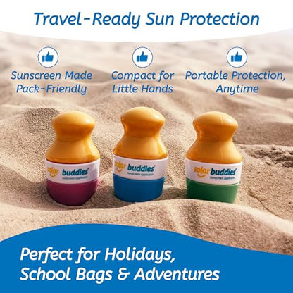 Solar Buddies Grab & Go Travel Bundle, Carabina Clip & Cleaning Brush - Single Full Red - Refillable Roll on Sponge Sunscreen, Suncream & Lotion Applicator For Kids, Adults & Families - Holds 100ml - color: Red Single