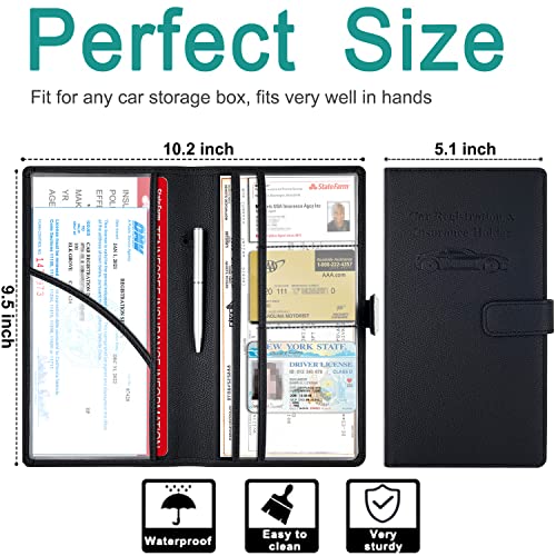 RSAquar Car Registration and Insurance Holder, Leather Car Glove Box Organizer, Cool Car Accessories for ID, Driver's License Cards & Essential Document, Men&Women, Black#2 - color: Black#2