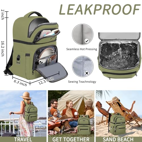 Cooler Backpack,Insulated Backpack Cooler Leakproof Double Deck Cooler Bag for Men Women RFID Lunch Backpack - color: Green