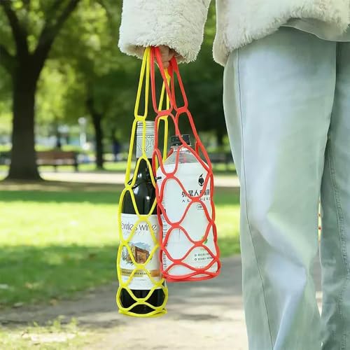 Honfor 2 Pack Silicone Wine Carrier Tote Bag Portable Reusable Foldable Single Wine Bottle Holder with Secure String Multi-functional Mesh Coaster Silicone Mesh bag for Fruit Bottles Beer Travel Mug