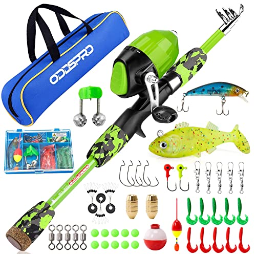 ODDSPRO Kids Fishing Pole Pink, Portable Telescopic Fishing Rod and Reel Combo Kit - with Spincast Fishing Reel Tackle Box for Girls, Youth - color: Green, size: 4.92 ft
