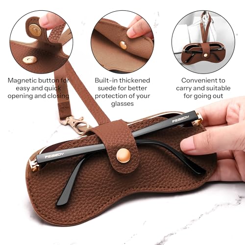 FEISEDY Soft Leather Sunglass Case-Slim Portable Glasses Holder with Button-Closure Wrist Strap for Travel & Outdoor B0308 - color: Auburn