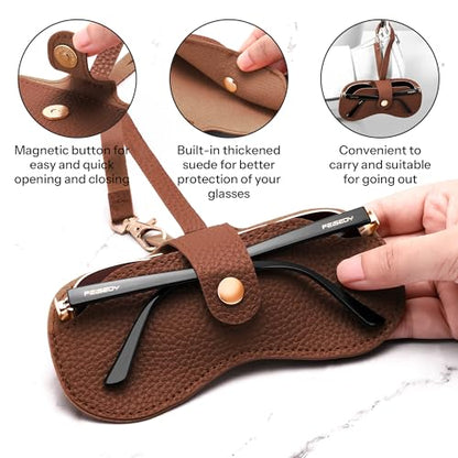 FEISEDY Soft Leather Sunglass Case-Slim Portable Glasses Holder with Button-Closure Wrist Strap for Travel & Outdoor B0308 - color: Auburn