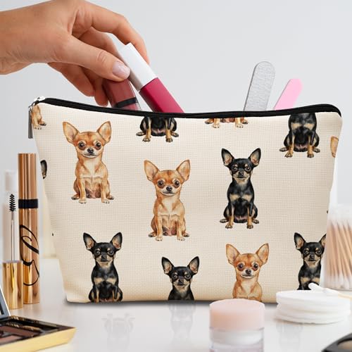 Chihuahua Dog Makeup Bag, Chihuahua Lovers Gifts Cosmetic Bag for Women, Dog Mom Lovers Owner Gifts for Women, Pet Lover Gift Zipper Travel Makeup Pouch for Purse - color: chihuahua