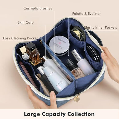 Prite Makeup Bag for Women Travel Waterproof Vegan Leather Cosmetic Bag Open Flat Toiletry Bag With Clear Divider and Handle (Blue Flower, Large) - color: Blue Flower, size: Large