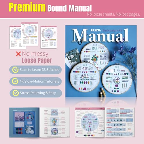 ETSPIL Embroidery Starter Kit for Adults, 3 Simple Patterns to Master 33 Stitches, Easy Step-by-Step 4K HD Video Tutorials & Bound Guide, DIY Craft Gift for Teens - color: simple A