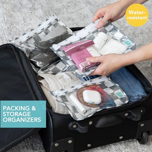 Bumkins - Waterproof Wet Bag, Wet/Dry Clutch & Clear Travel Bags - For Beach, Baby, Travel, Cloth Diapers, Pump Parts, Pool, Gym, Toiletries - Reusable & Easy to Clean - Gray Check - 5 Pack - color: A4 Charcoal Check 5pc