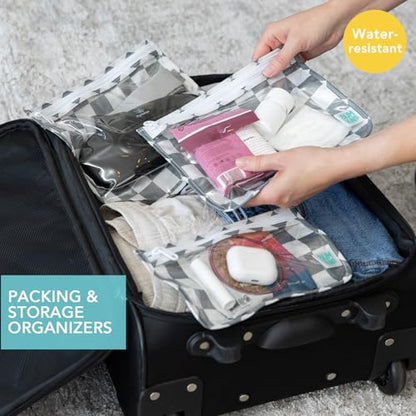 Bumkins - Waterproof Wet Bag, Wet/Dry Clutch & Clear Travel Bags - For Beach, Baby, Travel, Cloth Diapers, Pump Parts, Pool, Gym, Toiletries - Reusable & Easy to Clean - Gray Check - 5 Pack - color: A4 Charcoal Check 5pc