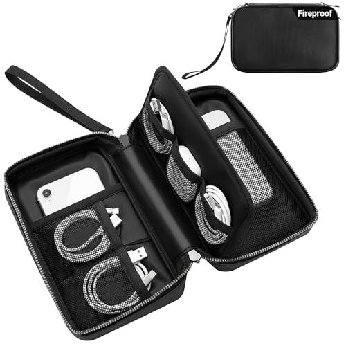 Fireproof Electronics Organizer Travel Case, Water Resistant Tech Accessories Pouch, Explosion-proof Cord Storage Bag with Fireproof Zipper for Phone, Power Bank, Cables, USB, Black
