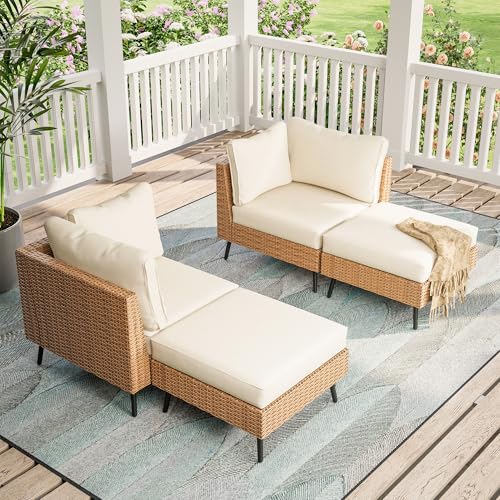 LAUSAINT HOME Outdoor Patio Furniture, 4 Piece Outdoor Sectional Sofa PE Rattan Wicker Patio Conversation Sets, All Weather Patio Furniture Set with Thick Cushions for Garden, Backyard(Beige) - color: Beige, size: 4 PCS
