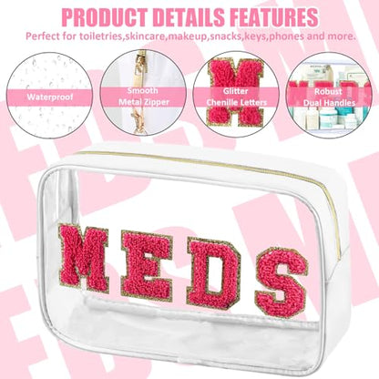 BuyCard 2 Pcs Medicine Chenille Letter Bag Preppy Clear Makeup Meds Bag for Travel Nylon & PVC Transparent Cosmetic Bag Preppy Patch Toiletry Storage for Women Girls White - color: MEDS-White, style: 2 Pcs-clear