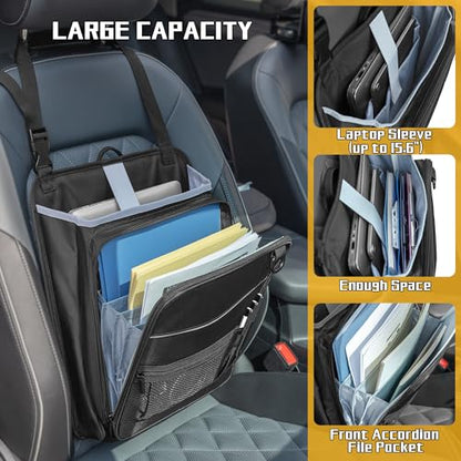 LUXJA Car Front Seat Organizer with Accordion File Pocket, Passenger Seat Organizer with Laptop Sleeve (Up to 15.6 In) and Adjustable Strap, Black