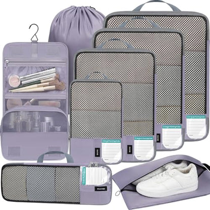 BAGAIL 4 Set/6 Set/8 Set Compression Packing Cubes Travel Accessories Expandable Packing Organizers(HalfMesh,8-Dusty Purple) - color: 8-Dusty Purple, style: Half Mesh