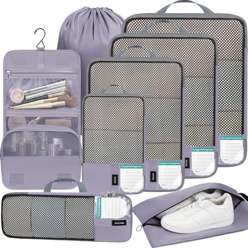 BAGAIL 4 Set/6 Set/8 Set Compression Packing Cubes Travel Accessories Expandable Packing Organizers(HalfMesh,8-Dusty Purple) - color: 8-Dusty Purple, style: Half Mesh