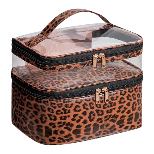 Large Makeup Bag with Brush Storage, Double Layer Cosmetic Bags for Women Girls, Waterproof Leather Leopard Toiletry Bag for Women, Travel Makeup Bag Skincare Bag with Zipper & Portable Handle - color: Leopard, style: Double-layer