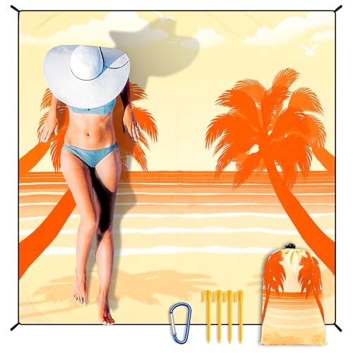 HIHOHO Beach Blanket Waterproof Sandproof Extra Large Beach Mat 79" X 83"/120"x108"for 1-8 Adults Quick Drying Durable Outdoor Picnic Mat for Beach Travel Camping Hiking - color: Coconut Tree-orange, size: 79" X 83"（1~3 person）