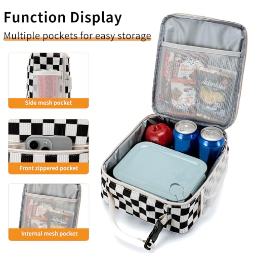 Lunch Box for Women Men Adult Insulated Lunch Bag Women Men Small Reusable Lunchbox for Work Picnic Travel (Black-White Plaid) - color: Black-White Plaid