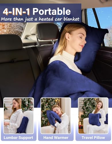 Car Heated Blanket, 12/24V Portable Heated Blanket for Car, Machine Washable Flannel Travel Blanket, 3 Heating Levels, 60x44 Inches, 4-in-1 Design, Convenient for Camping,Navy Blue - color: Pro Navy Blue