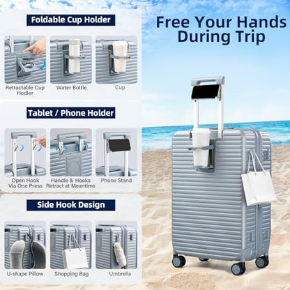 HanTrip Hard Shell Suitcases 24 Inch Check in Luggage with Spinner Wheels Cup Holder, Lightweight Top Opening Expandable Luggage Hard Case Rolling Medium Checked Suitcase with Lock, Silver - color: Arctic Silver, size: Expandable 24 Inch