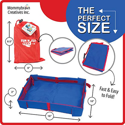 Fun N Fly Foldable Airplane Tray for Kids – Toddler Baby Airplane Travel Essentials – Portable Snack & Play Tray for Airplane Tray Table – Mesh Pockets, Cup Holder, Adjustable Strap