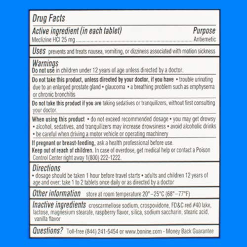 Bonine Non-Drowsy Motion Sickness Relief - Chewable Tablets with Meclizine HCL 25mg - Non Drowsy Medicine for Nausea or Motion Sickness - Cruise Essentials - Raspberry Flavor, 28 Chewable Tablets - size: 2 Piece Assortment