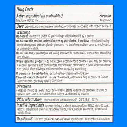 Bonine Non-Drowsy Motion Sickness Relief - Chewable Tablets with Meclizine HCL 25mg - Non Drowsy Medicine for Nausea or Motion Sickness - Cruise Essentials - Raspberry Flavor, 28 Chewable Tablets - size: 2 Piece Assortment