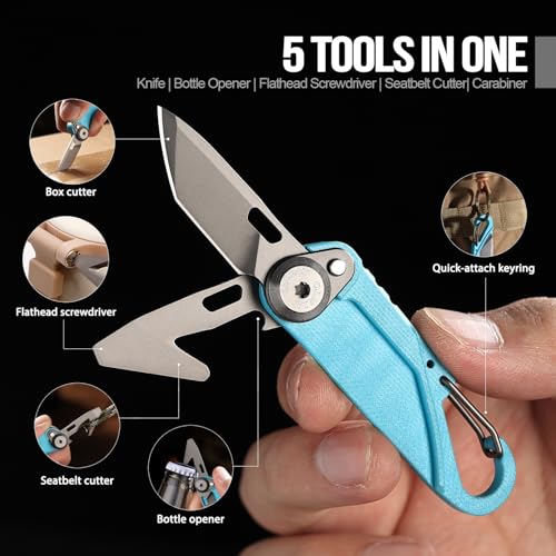 TACRAY Vinto 5-in-1 Small Pocket Knife – Ultra-Light Compact Multitool with Utility Knife, Seatbelt Cutter, Bottle Opener, Flathead Screwdriver & Keyring Attachment for Everyday Carry (Blue) - color: Blue