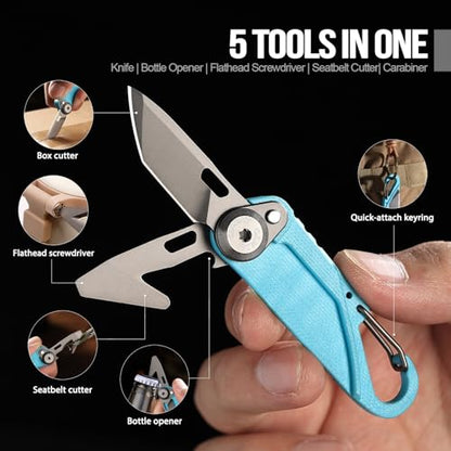 TACRAY Vinto 5-in-1 Small Pocket Knife – Ultra-Light Compact Multitool with Utility Knife, Seatbelt Cutter, Bottle Opener, Flathead Screwdriver & Keyring Attachment for Everyday Carry (Blue) - color: Blue