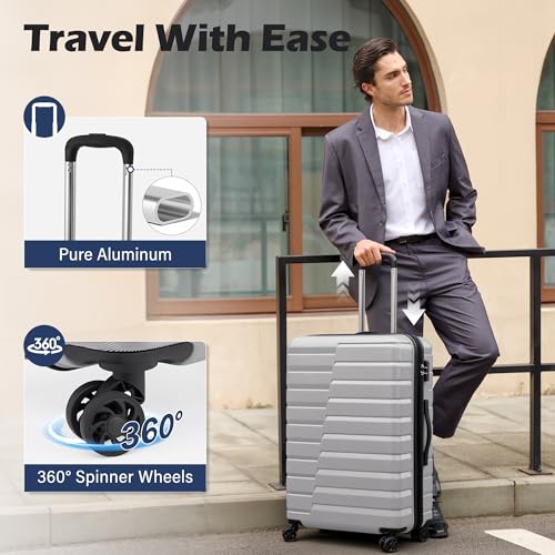 Coolife Expandable Large Checked Luggage with Spinner Wheels, Hard Shell Suitcase TSA Lock Rolling Travel Luggage 28-inch,Silver - color: sliver, size: Large(28in)