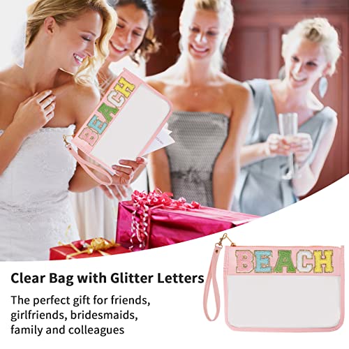 Iqimott Chenille Letter Clear Bag Beach Pouch, Monogram PVC & PU Makeup Cosmetic Bag Zipper Toiletry Pouch, Waterproof Portable Travel Snack Wristlet Bags for Women Girls(Beach, Pink) - color: Beach-Pink