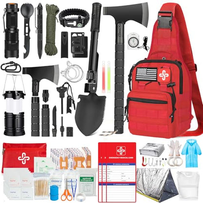 Survival Kit, 262Pcs Survival Gear and Supplies with First Aid Kit Pouch and Crossbody Bag, Emergency Kit with Tent, Camping Axe Hammer, Survival Shovel w/Pick, Bug Out Bag Gifts for Men Women - color: Red