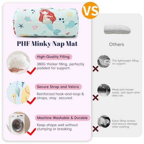 PHF Soft Toddler Nap Mat with Removable Pillow, Rollup Design Kids Sleeping Mat, Slumber Bags for Girls, 50"x20" Toddler Sleeping Bag for Daycare Preschool Travel Camping, Cute Mermaid - color: Cute Mermaid