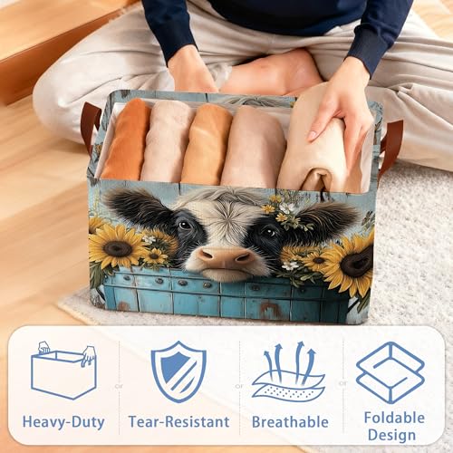 Wooden Highland Cow Storage Baskets,Butterfly Sunflower Foldable Large Capacity Organizer Bins with Waterproof Lining and Leather Handles for Closet,Shelf,Bedroom 17x11.5x10Inch - color: Wooden Highland Cow Butterfly Sunflower