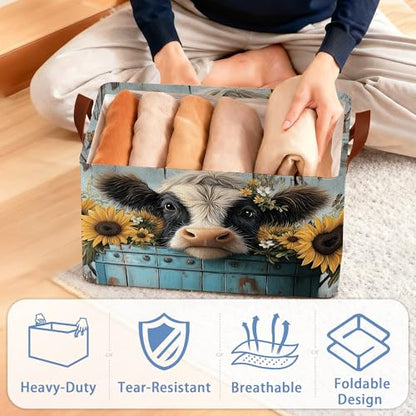 Wooden Highland Cow Storage Baskets,Butterfly Sunflower Foldable Large Capacity Organizer Bins with Waterproof Lining and Leather Handles for Closet,Shelf,Bedroom 17x11.5x10Inch - color: Wooden Highland Cow Butterfly Sunflower