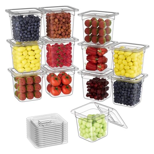 1/6 6'' 12 Pack Plastic Food Pans With Lids, Clear Food Pan, Commercial Stackable Polycarbonate Freezer-Safe for Fruits Vegetables Restaurant Kitchen - color: 1/6 6"12 Pack