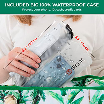Beach Bag and Pool Bag Has Cooler Pocket, 7 Pockets Total, Zip Top. Family Size Waterproof Beach Tote - color: Palm Leaves