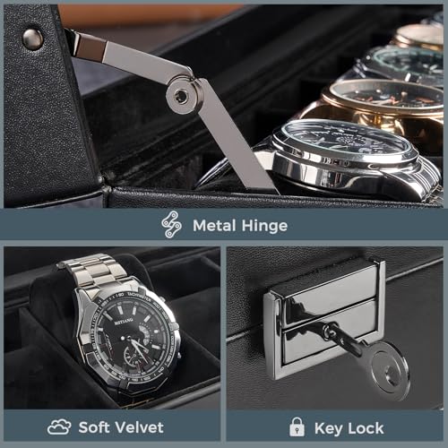 ProCase 6 Slot Watch Case Box for Men, PU leather Man Watch Organizer with Soft Pillow, Lockable Watch Collection Storage Holder with Glass Display Lid, Fathers Day Gift for Dad -AllBlack - color: AllBlack, size: 6-Slot
